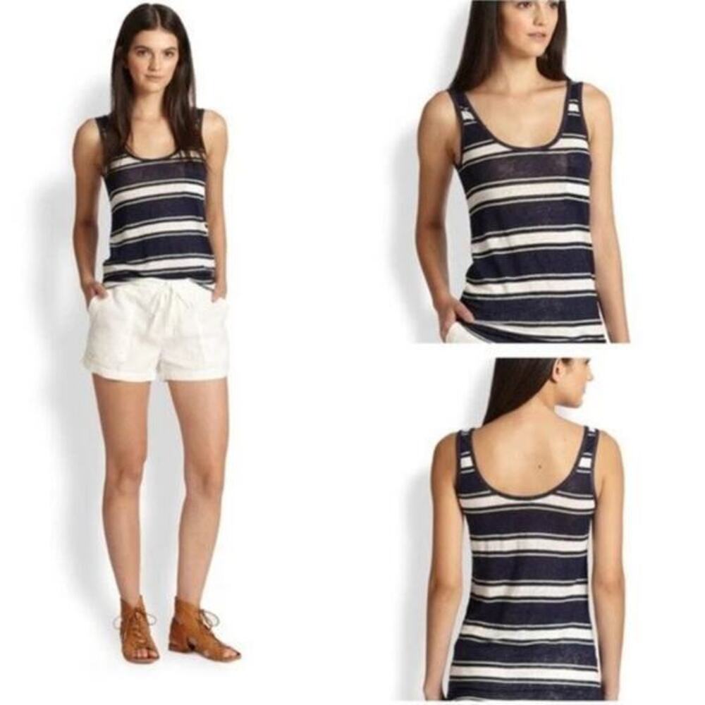 Joie Carmenella Navy Striped 100% Linen Tank Top resort wear summer Size XS